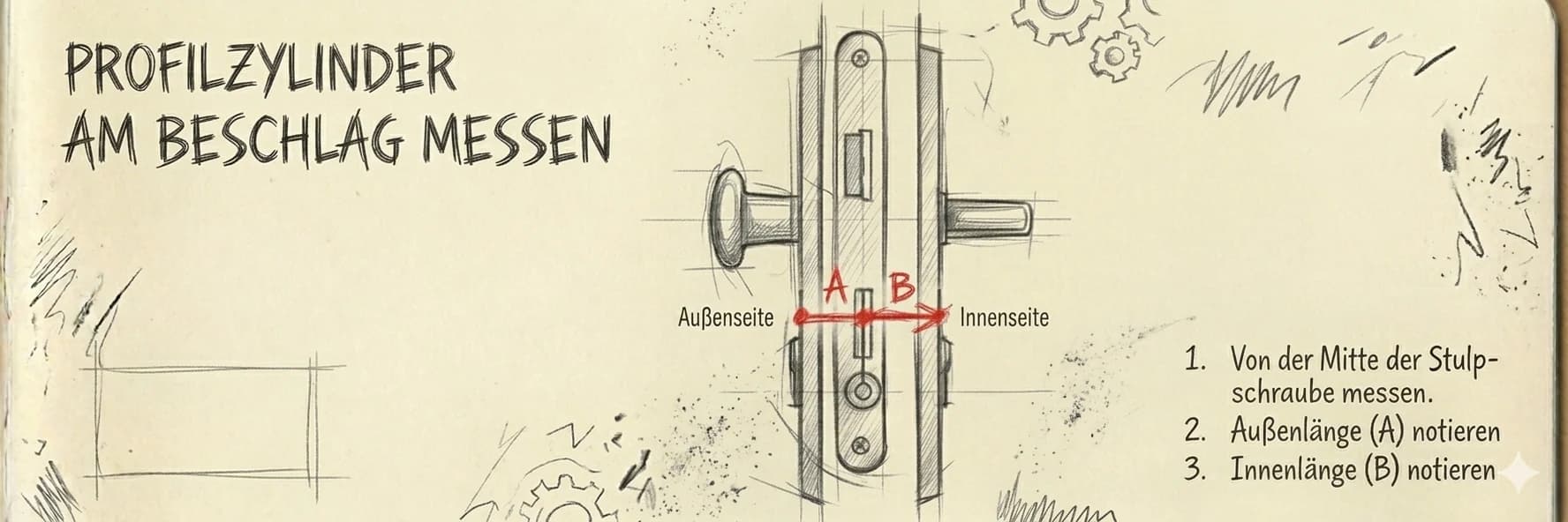 Profilzylinder am Beschlag messen: Außenlänge und Innenlänge von der Stulpschraube aus bestimmen