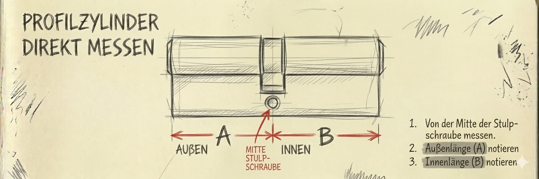 Ausgebauten Profilzylinder direkt messen: Außenmaß A und Innenmaß B ab Mitte der Stulpschraube